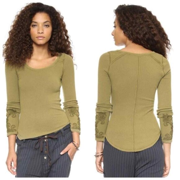 Free People Masquerade Cuff Long-Sleeve Thermal Tee - Sz  Med - boho - Picture 13 of 14